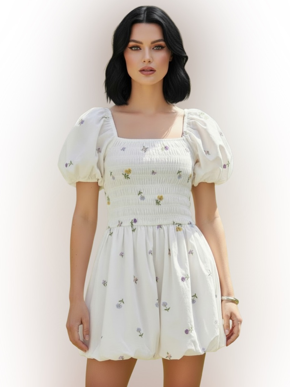 English Factory White Cotton Puff Sleeve Smocked Balloon Dress Women’s Size M
